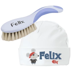 Schnullireich Geschenkset Mit Namen NUK Baby Bürste Mit Namen + Baby Mütze Pirat Blau